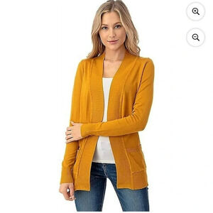 Cielo Women's Open Long Cardigan Sweater with Pockets Mustard M
